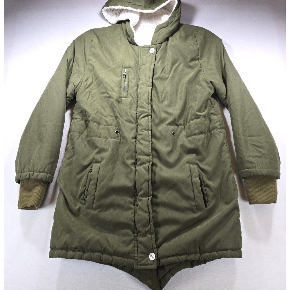 Classic Olive Green Sherpa Lined Hooded Parka Jacket XL Fishtail Hem